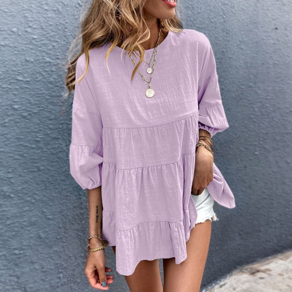 Boho Layered Ruffle 3/4 sleeve Oversized Top Lilac - Picture 5 of 12